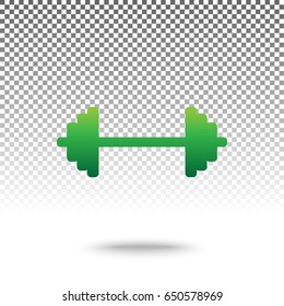 Dumbbell weights sign. Vector. Green gradient icon with shadow at bottom on transparent and white background.