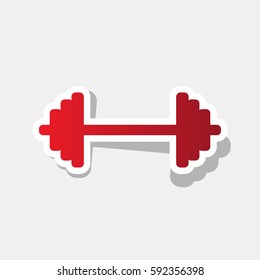 Dumbbell weights sign. Vector. New year reddish icon with outside stroke and gray shadow on light gray background.