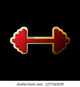 Dumbbell weights sign. Vector. Red icon with small black and limitless shadows at golden sticker on black background.