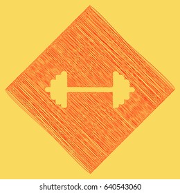 Dumbbell weights sign. Vector. Red scribble icon obtained as a result of subtraction rhomb and path. Royal yellow background.