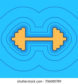 Dumbbell weights sign. Vector. Sand color icon with black contour and equidistant blue contours like field at sky blue background. Like waves on map - island in ocean or sea.
