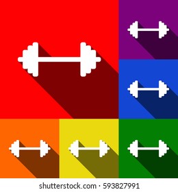 Dumbbell weights sign. Vector. Set of icons with flat shadows at red, orange, yellow, green, blue and violet background.