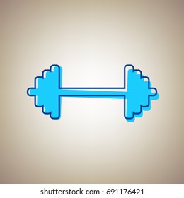 Dumbbell weights sign. Vector. Sky blue icon with defected blue contour on beige background.