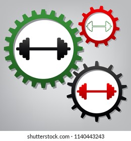 Dumbbell weights sign. Vector. Three connected gears with icons at grayish background.