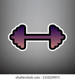 Dumbbell weights sign. Vector. Violet gradient icon with black and white linear edges at gray background.