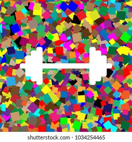 Dumbbell weights sign. Vector. White icon on colorful background with seamless pattern from squares.