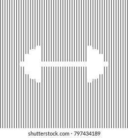 Dumbbell weights sign. Vector. White icon on grayish striped background. Optical illusion.