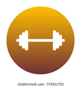 Dumbbell weights sign. White icon in circle with golden gradient as background. Isolated.