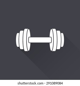 Dumbbell - white icon with a long shadow on a black background. Vector illustration.