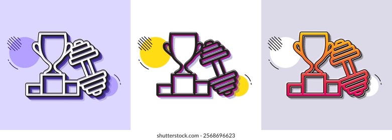 Dumbbell with winner cup line icon. Halftone dotted pattern. Gradient icon with grain shadow. Workout equipment sign. Gym fit symbol. Line dumbbell icon. Various designs. Vector