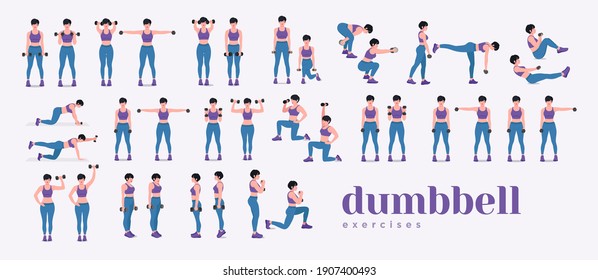 Dumbbell workout Set. Women doing fitness and yoga exercises. Lunges, Pushups, Squats, Dumbbell rows, Burpees, Side planks, Situps, Glute bridge, Leg Raise, Russian Twist, Side Crunch .etc