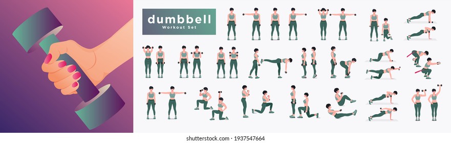 Dumbbell Workout Set. Women Workout Fitness, Aerobic And Exercises. Vector Illustration.	