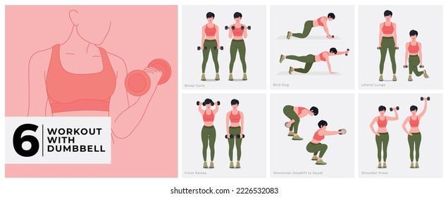 Dumbbell Workout Set. Women workout fitness, aerobic and exercises. Vector Illustration.