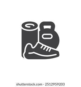 Dumbbell, yoga mat, and running shoes vector icon. filled flat sign for mobile concept and web design. Sports Equipment glyph icon. Symbol, logo illustration. Vector graphics