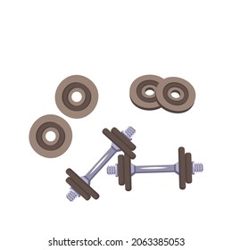 Dumbbells with additional weight discs for sports and exercise. Vector illustration of sports equipment in flat style for the gym or fitness club, workout muscle at home