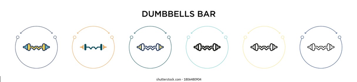 Dumbbells bar icon in filled, thin line, outline and stroke style. Vector illustration of two colored and black dumbbells bar vector icons designs can be used for mobile, ui, web