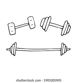Dumbbells and barbell for fitness, vector doodle illustration, hand-drawn sketch