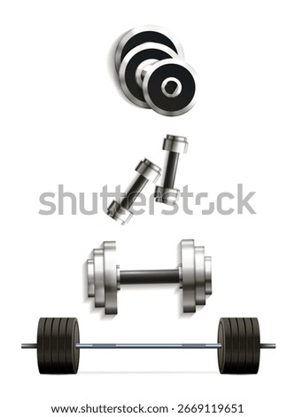 Dumbbells and Barbell set. Vector illustration of isolated on white background Used for resistance training, fitness exercises.