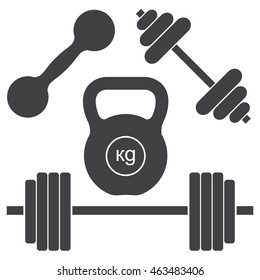 Dumbbells and barbells. Set of simple vector icons for sports, weightlifting, bodybuilding, power-lifting. 