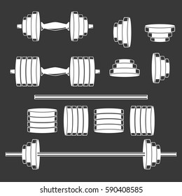 The dumbbells and barbells variety isolated on black vector illustration.