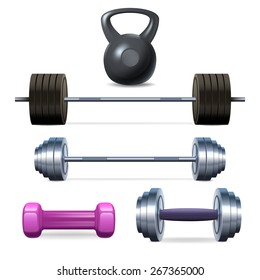 Dumbbells barbells and weight fitness and bodybuilding equipment realistic icons set isolated vector illustration