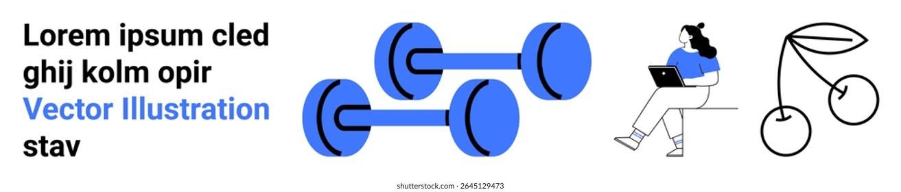 Dumbbells in blue, person sitting with a laptop, and a cherry outline. Ideal for fitness, productivity, nutrition, health, exercise, digital work, wellness. Landing page