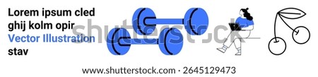 Dumbbells in blue, person sitting with a laptop, and a cherry outline. Ideal for fitness, productivity, nutrition, health, exercise, digital work, wellness. Landing page