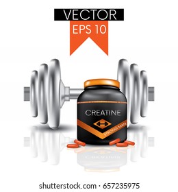 Dumbbells, capsules and a jar with creatine. Vector illustration. Sports and sports nutrition.