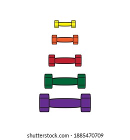 
Dumbbells are different in weight and color. Freehand drawing in flat style in trendy colors.