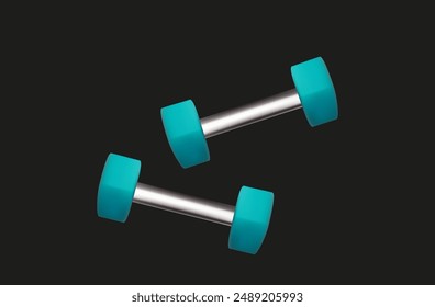 Dumbbells equipment. Training tool for fitness, active lifestyle, renewing body energy. Heavy sports equipment. Tool for weight loss, strengthening muscles in the gym. Vector 3d illustration.