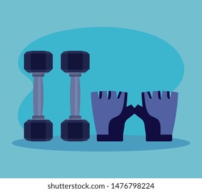 dumbbells with gloves over blue background
