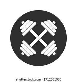 Dumbbells graphic icon. Crossed dumbbells sign in circle isolated on white background. Gym symbol. Vector illustration
