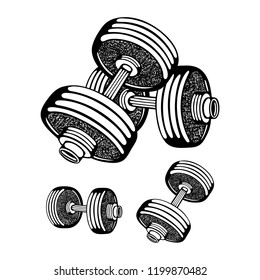 Dumbbells. Dumbbells hand drawn vector illustrations set isolated on white background.
Gym equipment. Gym or fitness club logo or icon design element.