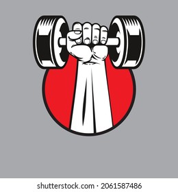 Dumbbells in hand in a red circle. Illustration of a sports theme.