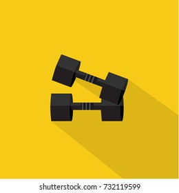 Dumbbells icon in flat style with long shadow, isolated vector illustration on yellow transparent background