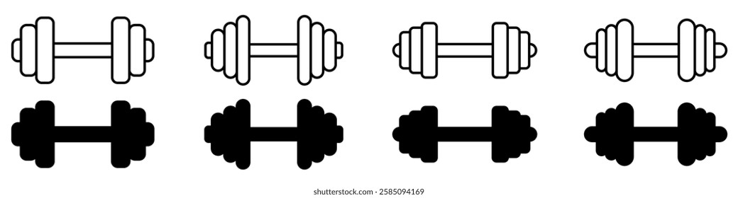Dumbbells icon. Set of black linear icons of dumbbells for working out. Vector illustration