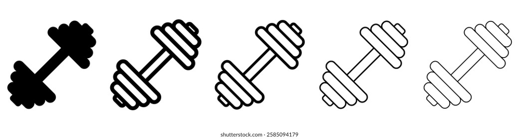 Dumbbells icon. Set of black linear icons of dumbbells for working out. Vector illustration