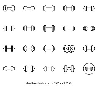 Dumbbells icon set. Collection of thin line icons. 20 high quality outline logo on white background. Pack of symbols for design website, mobile app, printed material, etc.