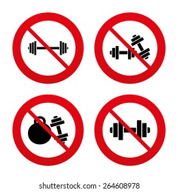 Dumbbells icons. Fitness sport symbols.  No, Ban or Stop signs. Dumbbells sign icons. Fitness sport symbols. Gym workout equipment. Prohibition forbidden red symbols. Vector