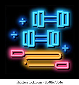 dumbbells and jump rope neon light sign vector. Glowing bright icon dumbbells and jump rope sign. transparent symbol illustration