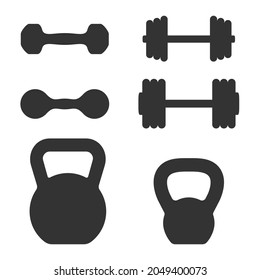 Dumbbells and kettlebell graphic icons set. Weight training equipment signs isolated on white background. Vector illustration