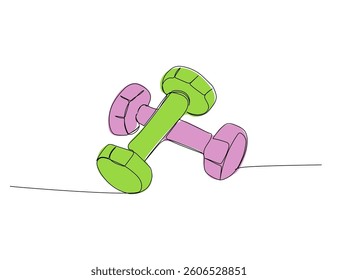dumbbells, kettlebells, strength exercises, physical education lesson one line color art. Continuous line drawing of knowledge, cognition, sports, fitness, gymnastics, school, education university