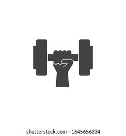Dumbbells lifting with a muscular arm. weight lifting. Gym logo. Flat minimalist design. white background Gray black vector. product brand service label banner board display. App icon.