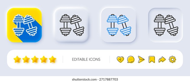 Icono de línea de mancuernas. Neumórfico, Sombra plana, Botones 3D. Señal de equipo de entrenamiento. Símbolo de ajuste de gimnasio. Icono de mancuernas de línea. Iconos de redes sociales. Vector