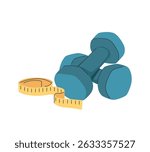 Dumbbells, measuring tape. Free weights, dumbells for fitness, sports workout, strength training, exercising. Muscle gain and weight loss concept. Flat vector illustration isolated on white background