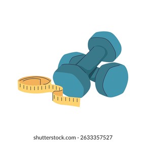 Dumbbells, measuring tape. Free weights, dumbells for fitness, sports workout, strength training, exercising. Muscle gain and weight loss concept. Flat vector illustration isolated on white background