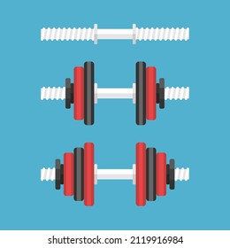 Dumbbells set, empty, light and heavy. Difficulty, progress, sport, fitness, strength, workout and bodybuilding concept. Flat design. Vector illustration. EPS 8, no gradients, no transparency