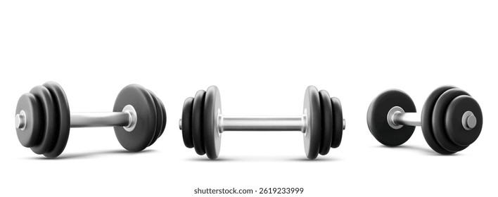 Dumbbells set isolated on white background. Vector realistic illustration of barbell equipment for gym exercises, heavy weight lifting workout accessories, fitness training items, healthy lifestyle
