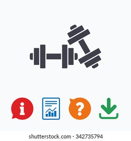 Dumbbells sign icon. Fitness sport symbol. Gym workout equipment. Information think bubble, question mark, download and report.
