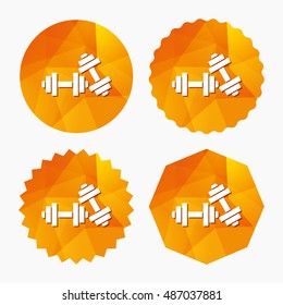 Dumbbells sign icon. Fitness sport symbol. Gym workout equipment. Triangular low poly buttons with flat icon. Vector